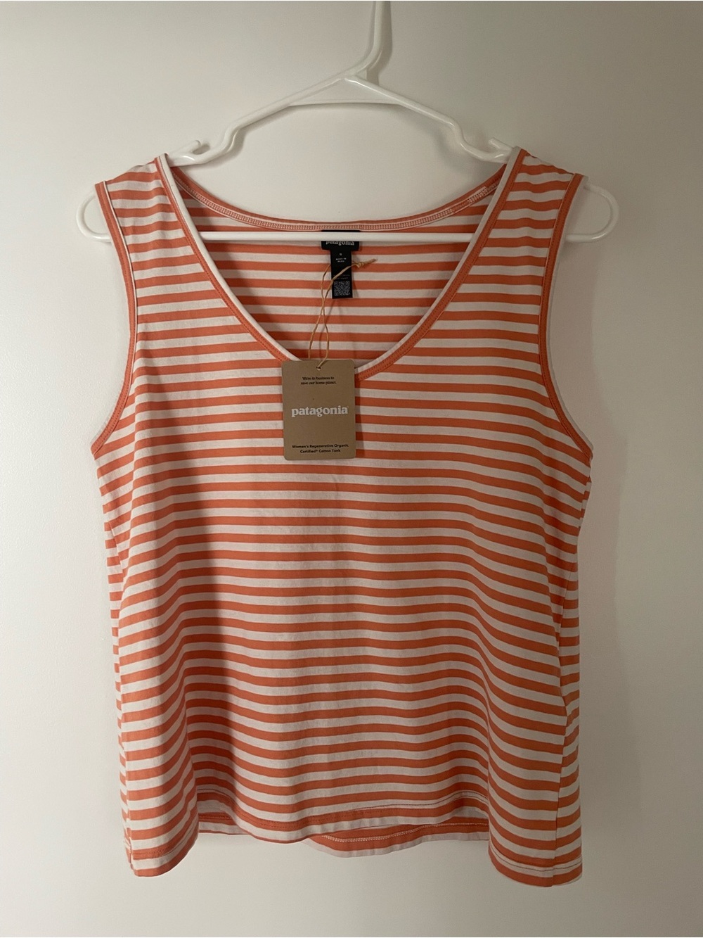 Patagonia Women's Coral and White Striped V-Neck Tank
